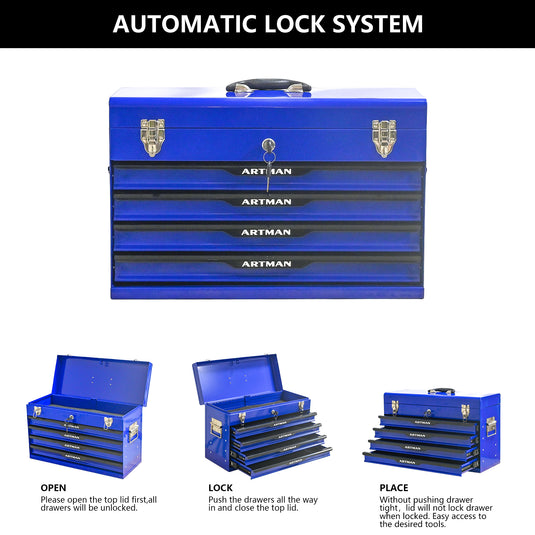 20-inch Steel Portable Tool Box With Drawers - Tool Storage Box Organizer With Metal Lock Closure Device - Powder-coated Tool Storage Cabinet BLUE