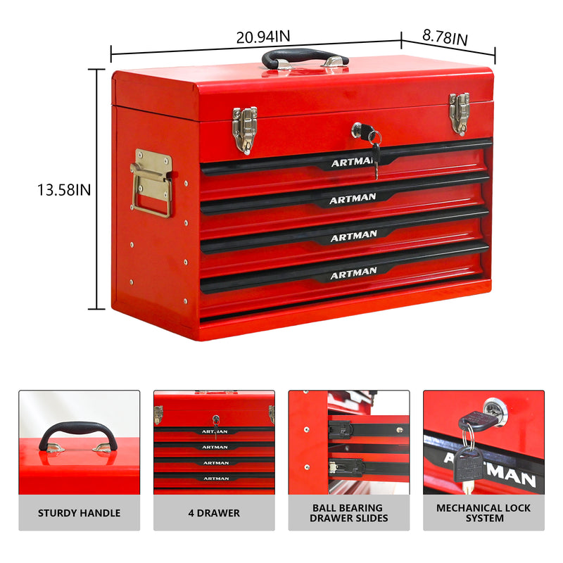 Load image into Gallery viewer, 20-inch Steel Portable Tool Box With Drawers - Tool Storage Box Organizer With Metal Lock Closure Device - Powder-coated Tool Storage Cabinet RED

