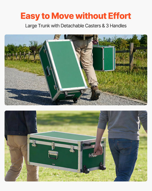 Metal Storage Trunk, Set Of 2, Wooden Suitcase Storage Boxes With Padlocks, Large Trunk Includes Casters And 3 Metal Handles, Decorative Store Chest With Lids For Travel, Apartment, Dorm, Green