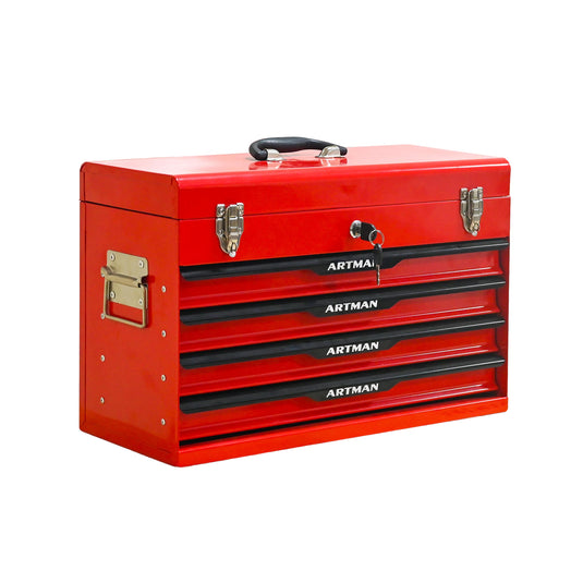 20-inch Steel Portable Tool Box With Drawers - Tool Storage Box Organizer With Metal Lock Closure Device - Powder-coated Tool Storage Cabinet RED