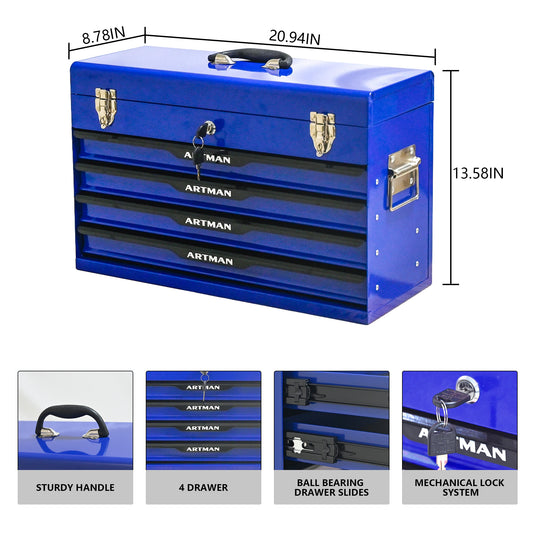 20-inch Steel Portable Tool Box With Drawers - Tool Storage Box Organizer With Metal Lock Closure Device - Powder-coated Tool Storage Cabinet BLUE