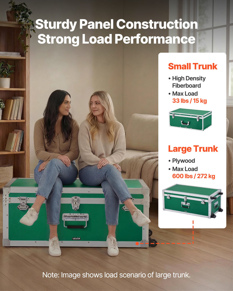 Load image into Gallery viewer, Metal Storage Trunk, Set Of 2, Wooden Suitcase Storage Boxes With Padlocks, Large Trunk Includes Casters And 3 Metal Handles, Decorative Store Chest With Lids For Travel, Apartment, Dorm, Green
