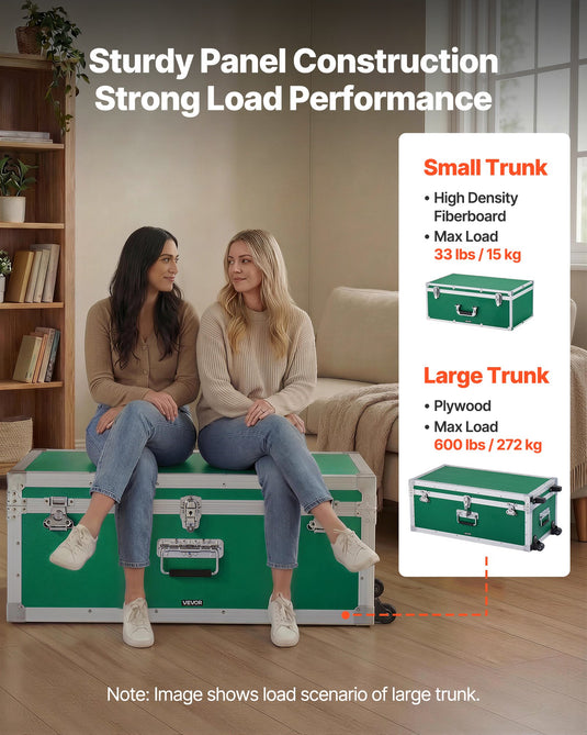 Metal Storage Trunk, Set Of 2, Wooden Suitcase Storage Boxes With Padlocks, Large Trunk Includes Casters And 3 Metal Handles, Decorative Store Chest With Lids For Travel, Apartment, Dorm, Green