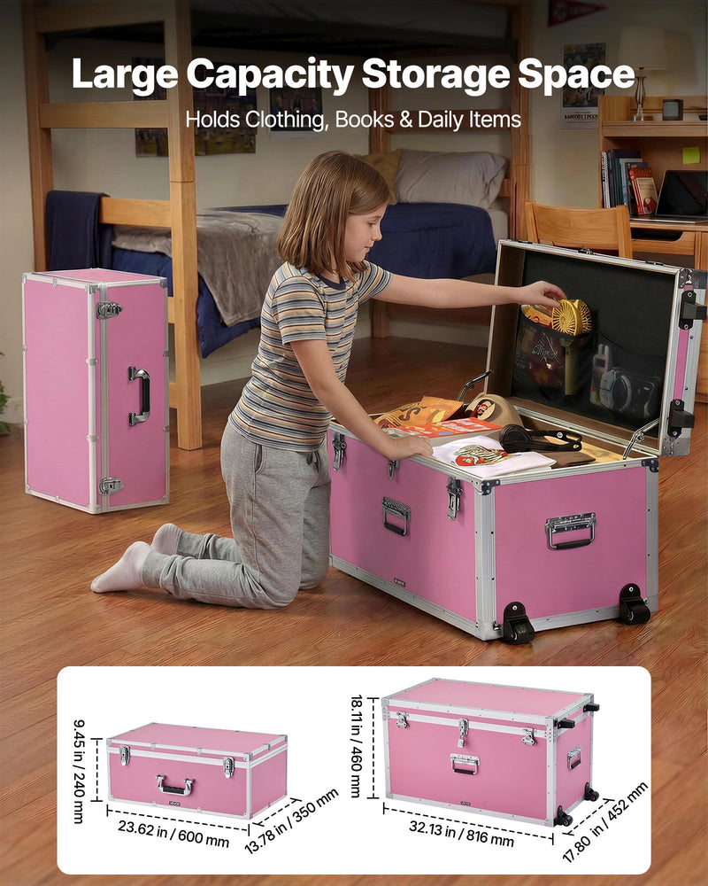 Load image into Gallery viewer, Metal Storage Trunk, Set Of 2, Wooden Suitcase Storage Boxes With Padlocks, Large Trunk Includes Casters &amp; 3 Metal Handles, Decorative Store Chest With Lids For Travel, Apartment, Dorm, Pink
