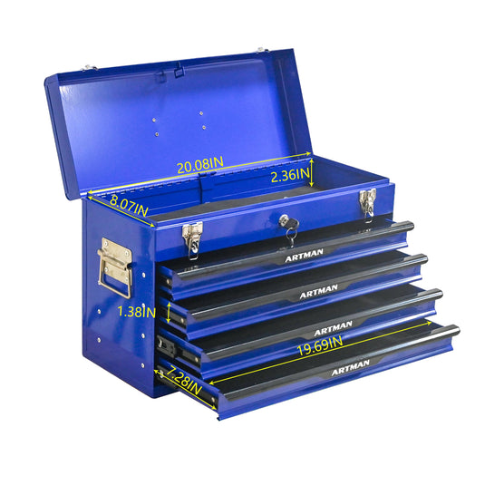 20-inch Steel Portable Tool Box With Drawers - Tool Storage Box Organizer With Metal Lock Closure Device - Powder-coated Tool Storage Cabinet BLUE