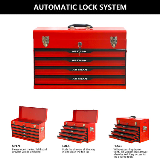 20-inch Steel Portable Tool Box With Drawers - Tool Storage Box Organizer With Metal Lock Closure Device - Powder-coated Tool Storage Cabinet RED