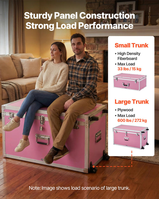 Metal Storage Trunk, Set Of 2, Wooden Suitcase Storage Boxes With Padlocks, Large Trunk Includes Casters & 3 Metal Handles, Decorative Store Chest With Lids For Travel, Apartment, Dorm, Pink