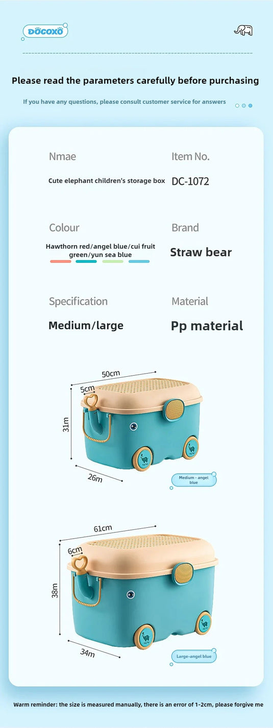 Children's Large Toy Storage Box with Cartoon Design Dustproof PP Bin with Wheels for Clothes & Building Blocks Organization