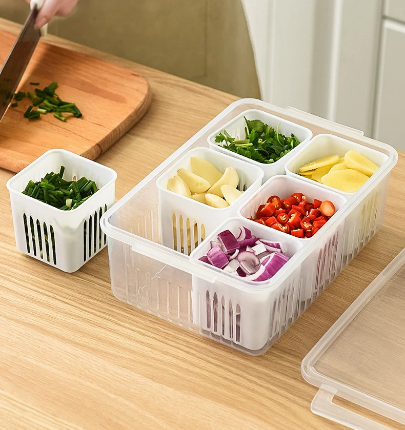 Load image into Gallery viewer, 4/6 Grid Food Storage Box with Lids Kitchen Food Meat Onion Ginger Garlic Vegetable Fruit Fresh-keeping Storage Drain Basket Box

