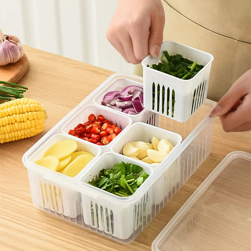 Load image into Gallery viewer, 4/6 Grid Food Storage Box with Lids Kitchen Food Meat Onion Ginger Garlic Vegetable Fruit Fresh-keeping Storage Drain Basket Box
