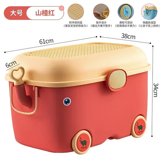 Children's Large Toy Storage Box with Cartoon Design Dustproof PP Bin with Wheels for Clothes & Building Blocks Organization