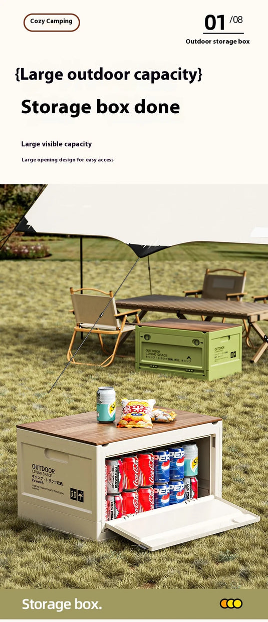 Outdoor Camping Storage Box Camping Wooden Lid Folding Box Car Trunk Storage Box Side Opening Plastic Organizer Box