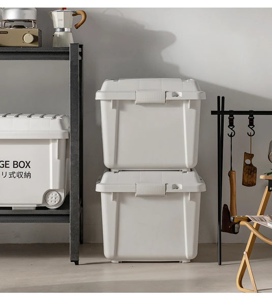 Industrial Storage Box Large Capacity Organizer Box Durable Camping Container with Wheels Heavy-Duty Storage Case Off-White