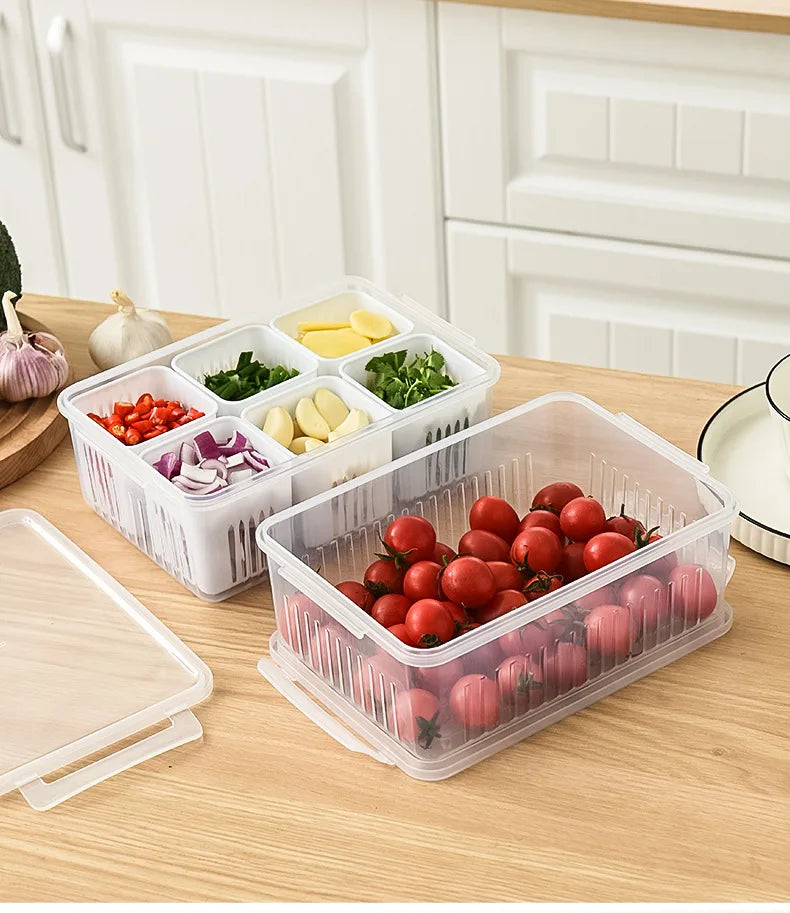 Load image into Gallery viewer, 4/6 Grid Food Storage Box with Lids Kitchen Food Meat Onion Ginger Garlic Vegetable Fruit Fresh-keeping Storage Drain Basket Box
