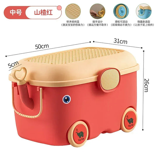 Children's Large Toy Storage Box with Cartoon Design Dustproof PP Bin with Wheels for Clothes & Building Blocks Organization