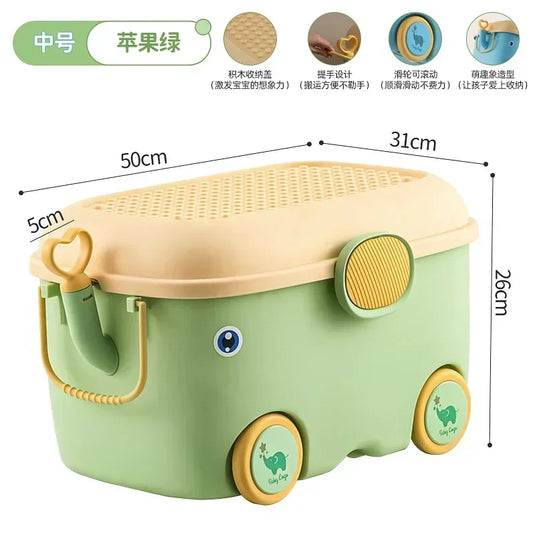 Children's Large Toy Storage Box with Cartoon Design Dustproof PP Bin with Wheels for Clothes & Building Blocks Organization