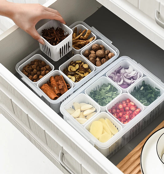 4/6 Grid Food Storage Box with Lids Kitchen Food Meat Onion Ginger Garlic Vegetable Fruit Fresh-keeping Storage Drain Basket Box