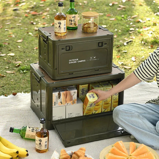 Folding outdoor picnic camping box, wooden-lid storage box, household storage luggage and organization box, car-mounted carrying