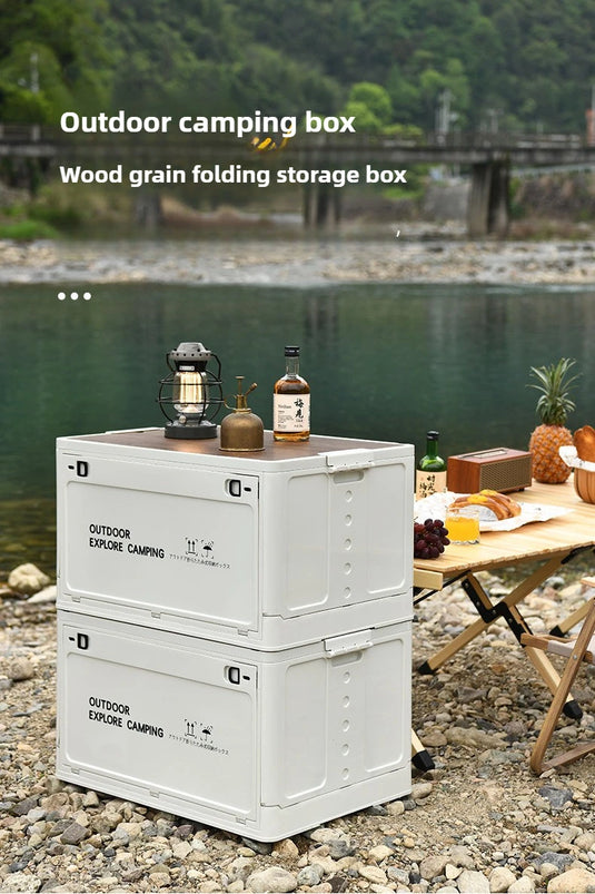 Folding outdoor picnic camping box, wooden-lid storage box, household storage luggage and organization box, car-mounted carrying