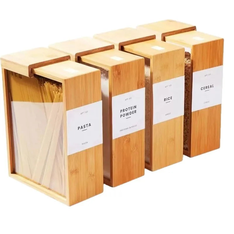 Load image into Gallery viewer, New Household Kitchen Bamboo and Wood Sliding Grain Storage Box Wooden Food Storage Box Dispenser
