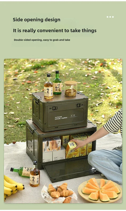 Folding outdoor picnic camping box, wooden-lid storage box, household storage luggage and organization box, car-mounted carrying