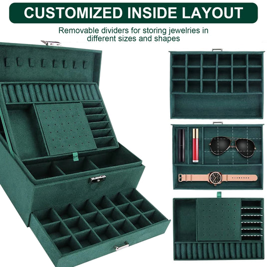 Jewelry Box for Women 3 Layers Large Jewelry Organizer with velvet Travel Jewelry Storage Organizer for Earring Ring Necklace