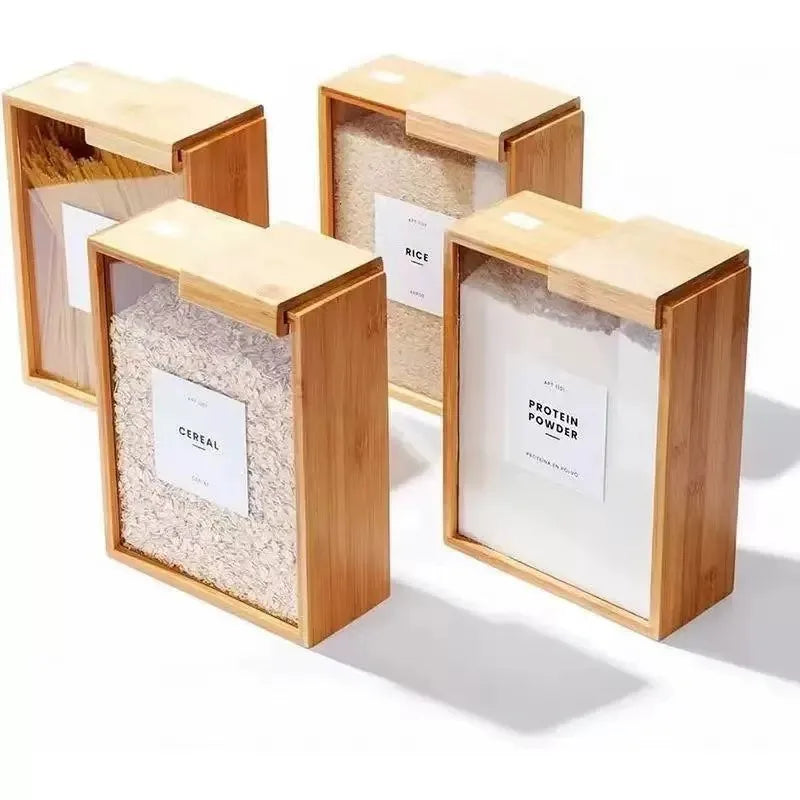 Load image into Gallery viewer, New Household Kitchen Bamboo and Wood Sliding Grain Storage Box Wooden Food Storage Box Dispenser
