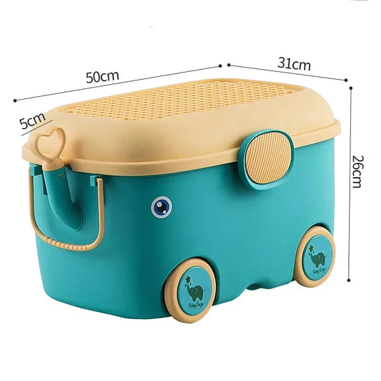 Children's Large Toy Storage Box with Cartoon Design Dustproof PP Bin with Wheels for Clothes & Building Blocks Organization