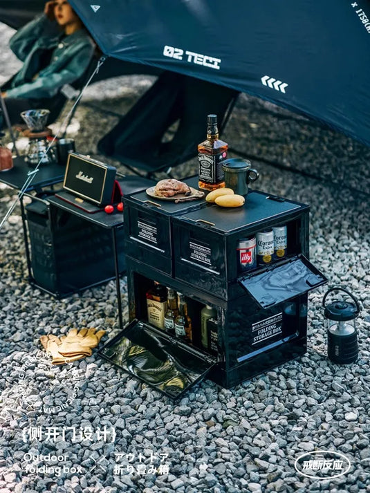 Black Outdoor Camping Box | Foldable Multi-Functional Storage Container | Industrial Style Gear Organizer for Car Trunk & Campin