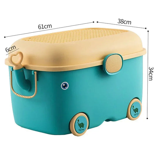 Children's Large Toy Storage Box with Cartoon Design Dustproof PP Bin with Wheels for Clothes & Building Blocks Organization