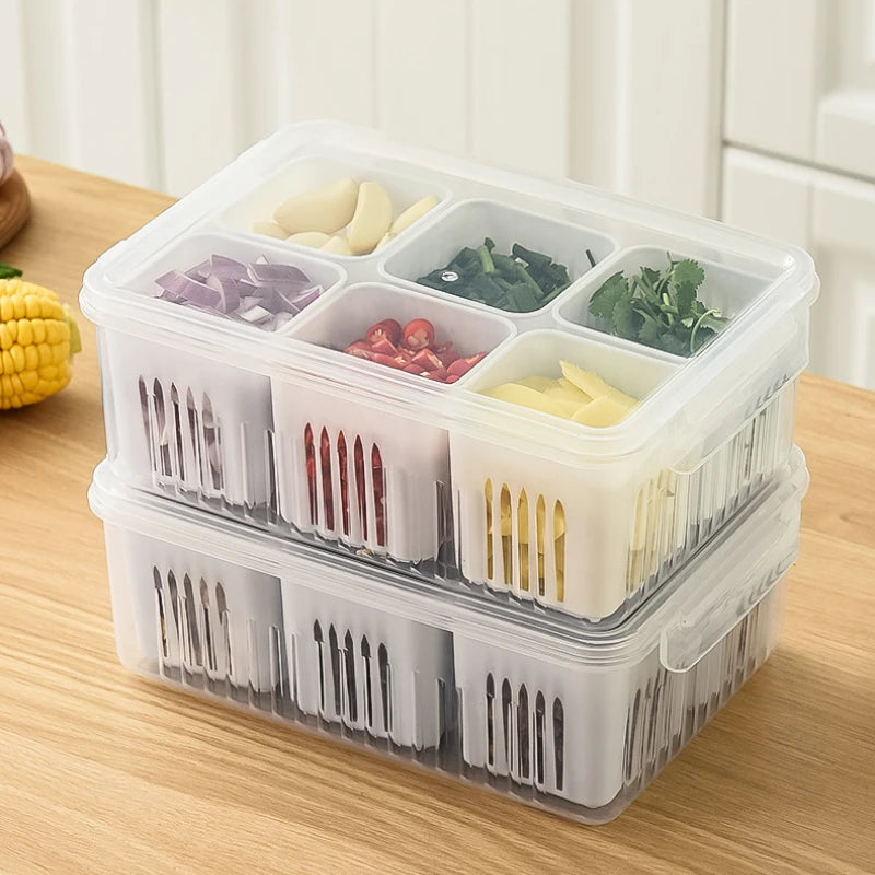 Load image into Gallery viewer, 4/6 Grid Food Storage Box with Lids Kitchen Food Meat Onion Ginger Garlic Vegetable Fruit Fresh-keeping Storage Drain Basket Box
