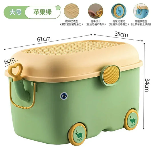 Children's Large Toy Storage Box with Cartoon Design Dustproof PP Bin with Wheels for Clothes & Building Blocks Organization
