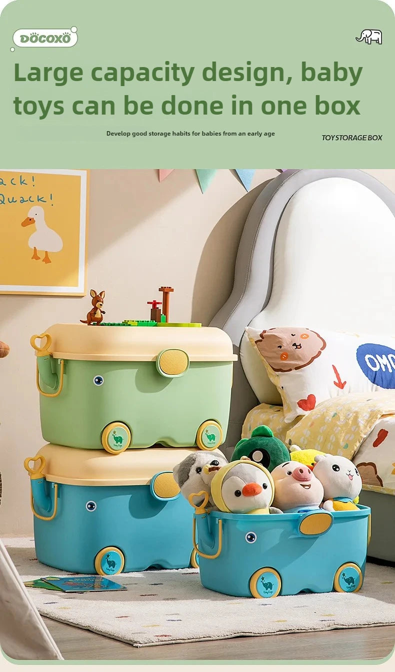 Load image into Gallery viewer, Children's Large Toy Storage Box with Cartoon Design Dustproof PP Bin with Wheels for Clothes &amp; Building Blocks Organization
