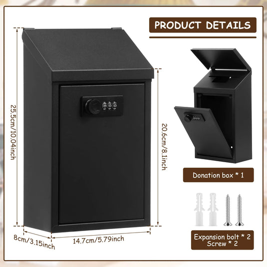Metal Locking Mailbox Wall Mounted Hanging Mailbox Lockable Outdoor Mail Box for House Ballot Donation & Collection Key Drop Box