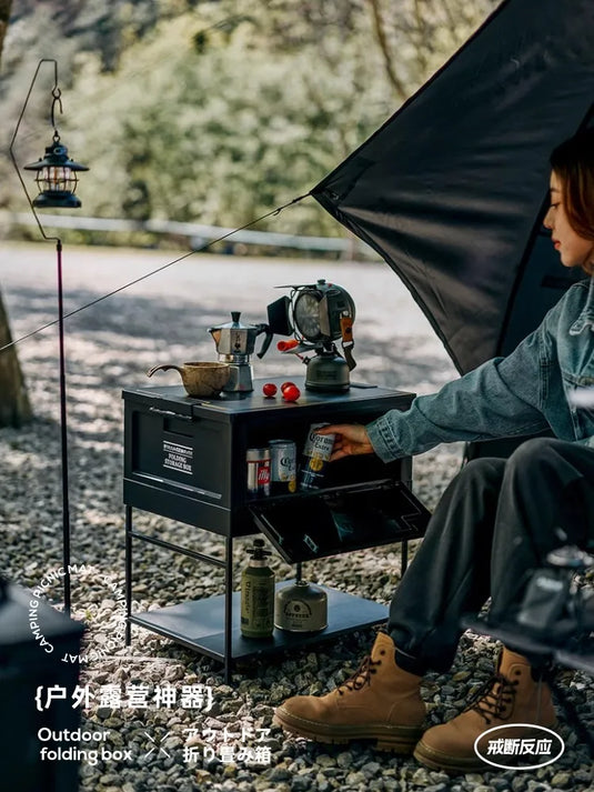 Black Outdoor Camping Box | Foldable Multi-Functional Storage Container | Industrial Style Gear Organizer for Car Trunk & Campin