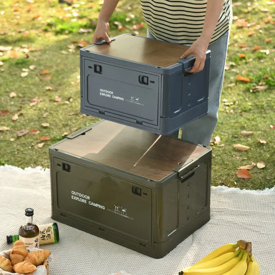 Folding outdoor picnic camping box, wooden-lid storage box, household storage luggage and organization box, car-mounted carrying