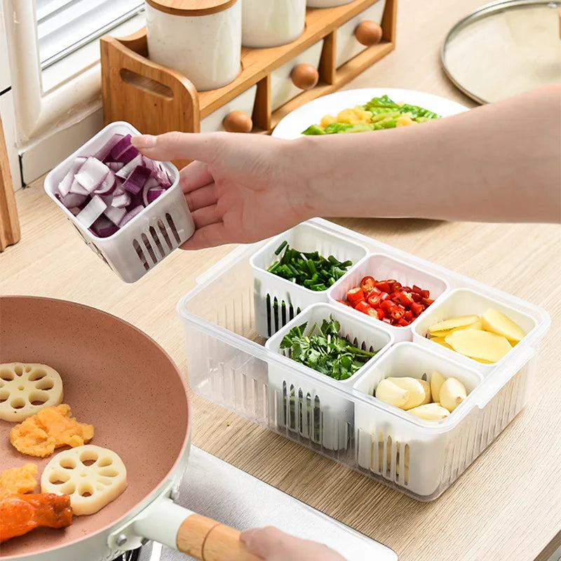 Load image into Gallery viewer, 4/6 Grid Food Storage Box with Lids Kitchen Food Meat Onion Ginger Garlic Vegetable Fruit Fresh-keeping Storage Drain Basket Box
