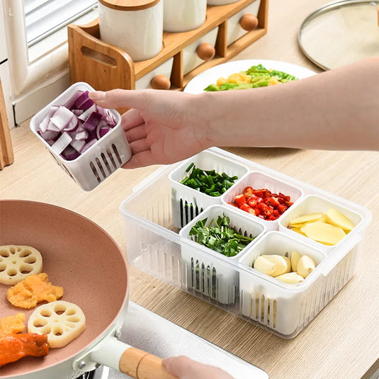 4/6 Grid Food Storage Box with Lids Kitchen Food Meat Onion Ginger Garlic Vegetable Fruit Fresh-keeping Storage Drain Basket Box