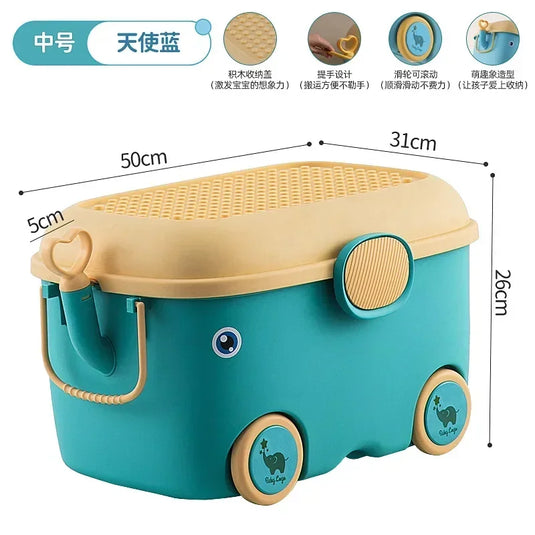 Children's Large Toy Storage Box with Cartoon Design Dustproof PP Bin with Wheels for Clothes & Building Blocks Organization