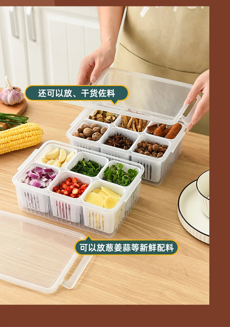 Load image into Gallery viewer, 4/6 Grid Food Storage Box with Lids Kitchen Food Meat Onion Ginger Garlic Vegetable Fruit Fresh-keeping Storage Drain Basket Box
