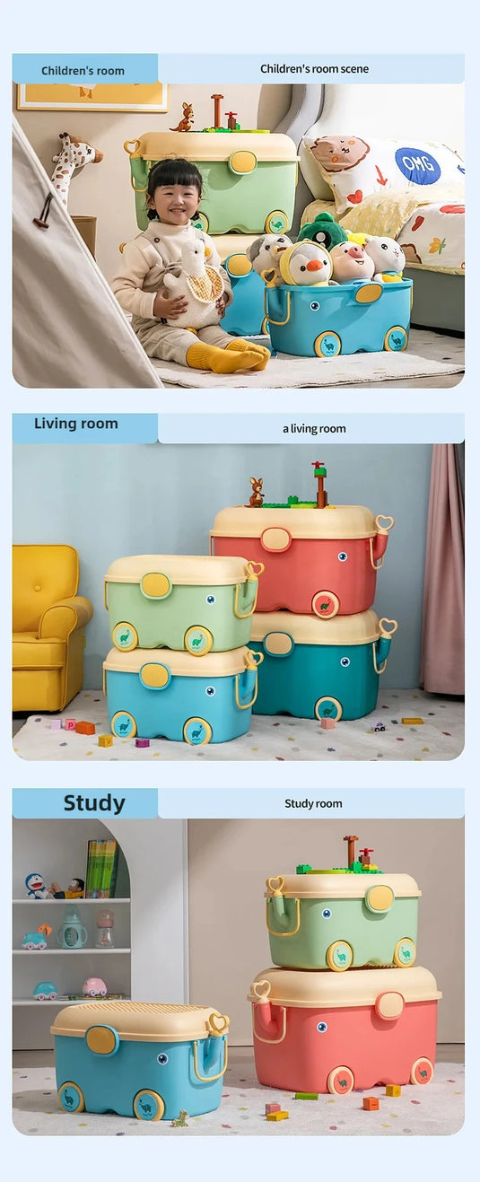 Children's Large Toy Storage Box with Cartoon Design Dustproof PP Bin with Wheels for Clothes & Building Blocks Organization