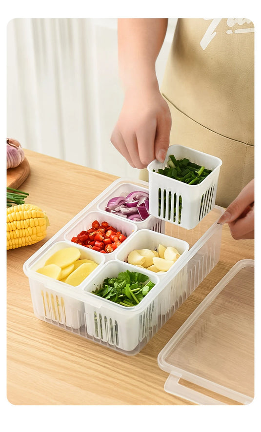 4/6 Grid Food Storage Box with Lids Kitchen Food Meat Onion Ginger Garlic Vegetable Fruit Fresh-keeping Storage Drain Basket Box