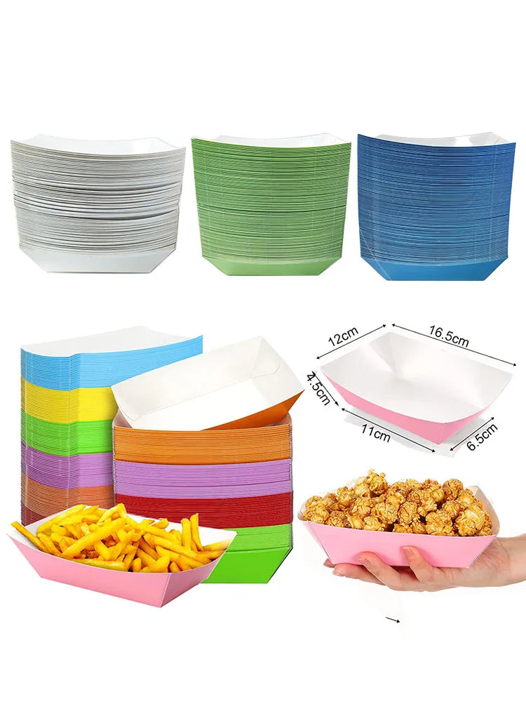 Load image into Gallery viewer, 6/12/24 Solid Color Paper Food Trays Disposable Food Boat Black White Blue Yellow Popcorn Box Baby Showe Birthday Party Supplies
