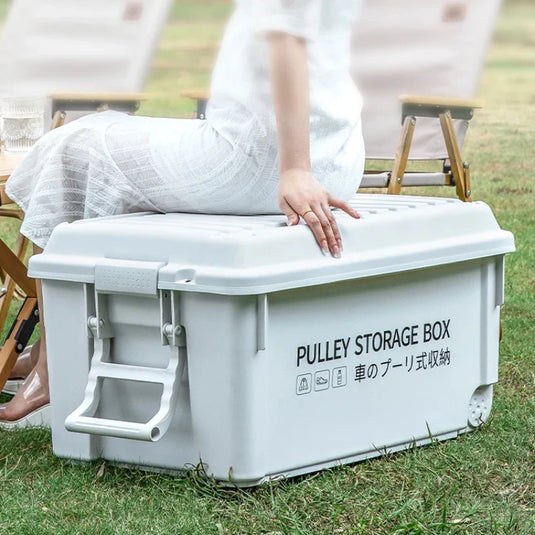 Industrial Storage Box Large Capacity Organizer Box Durable Camping Container with Wheels Heavy-Duty Storage Case Off-White