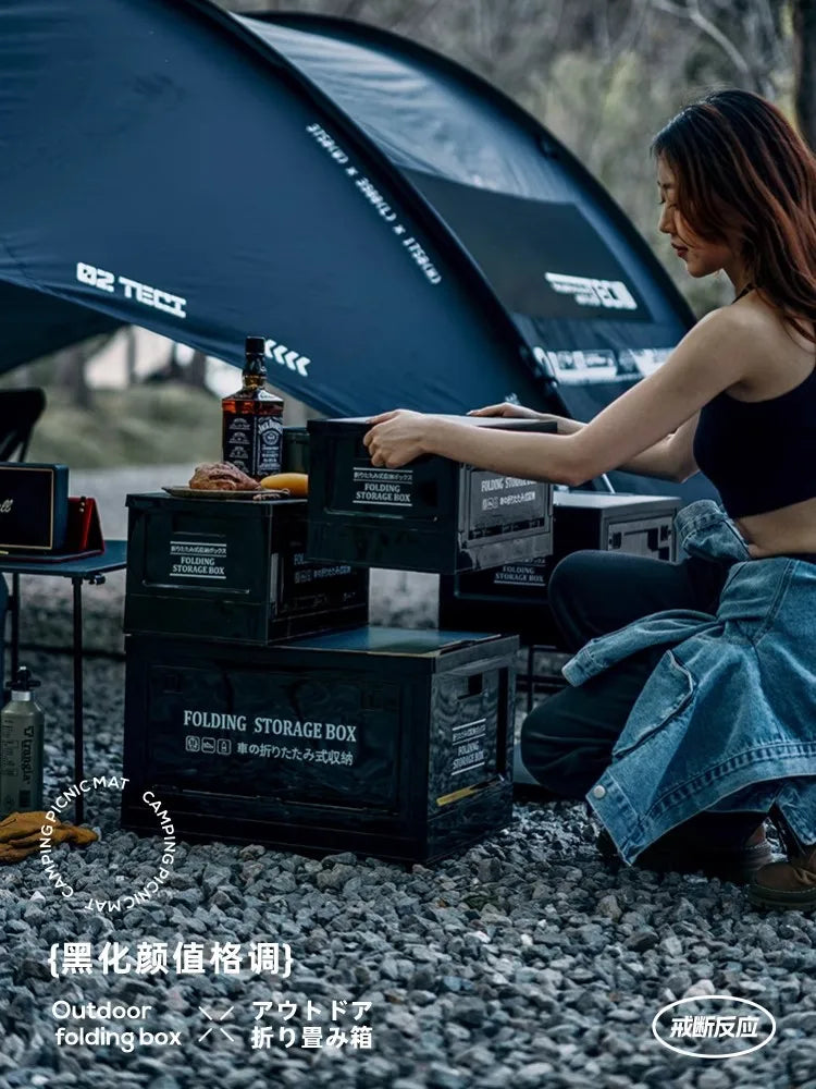 Load image into Gallery viewer, Black Outdoor Camping Box | Foldable Multi-Functional Storage Container | Industrial Style Gear Organizer for Car Trunk &amp; Campin
