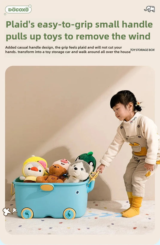 Children's Large Toy Storage Box with Cartoon Design Dustproof PP Bin with Wheels for Clothes & Building Blocks Organization