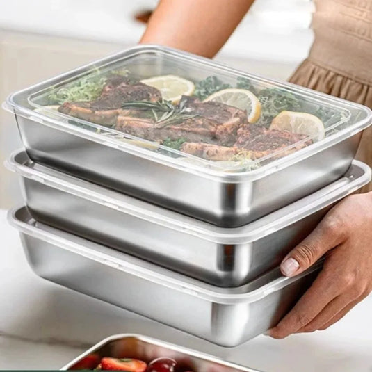Stainless Steel Fresh-Keep Box Sealed Lunch Box with Lid Rectangle Food Container Fruit Refrigerator Storage Organizer Container