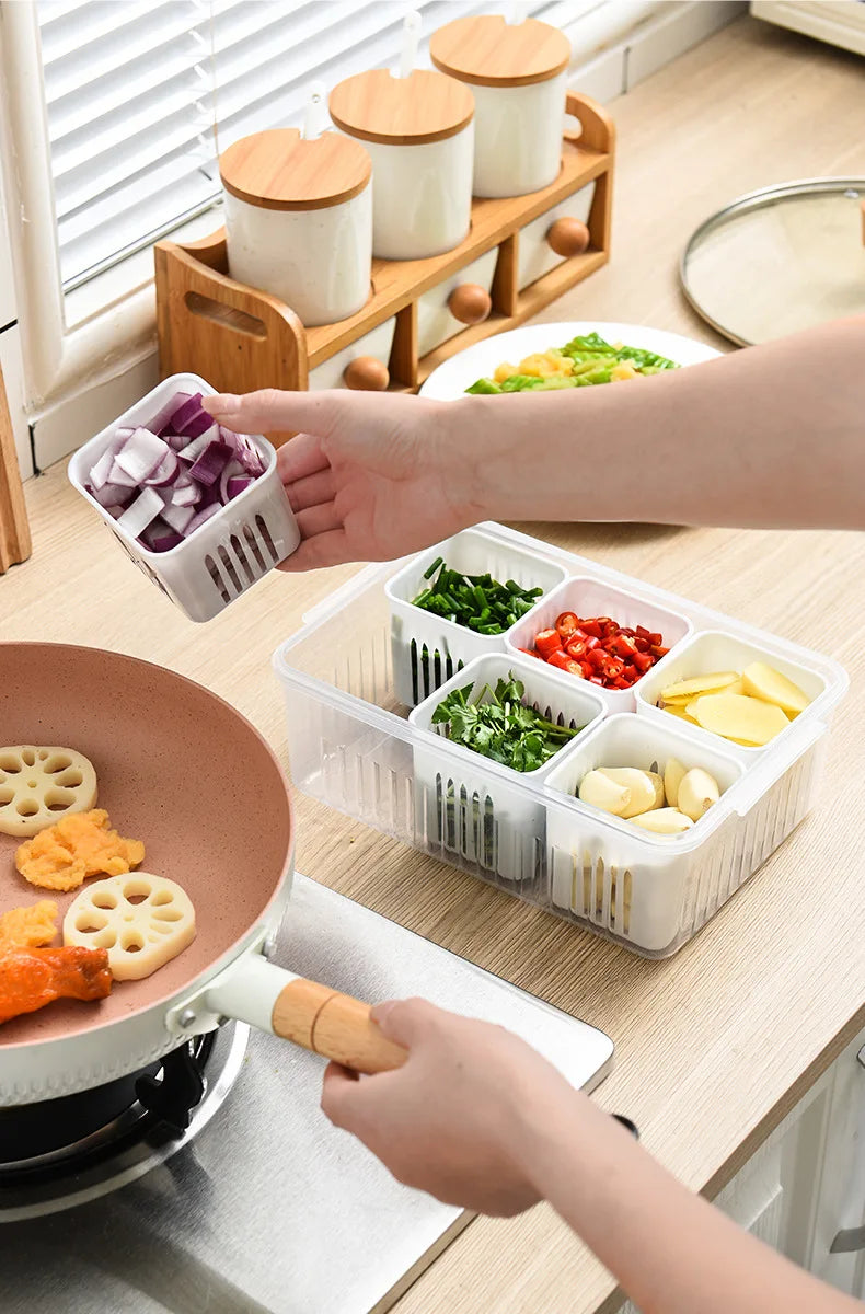 Load image into Gallery viewer, 4/6 Grid Food Storage Box with Lids Kitchen Food Meat Onion Ginger Garlic Vegetable Fruit Fresh-keeping Storage Drain Basket Box
