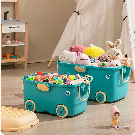 Children's Large Toy Storage Box with Cartoon Design Dustproof PP Bin with Wheels for Clothes & Building Blocks Organization