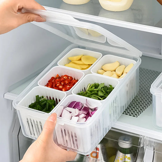 4/6 Grid Food Storage Box with Lids Kitchen Food Meat Onion Ginger Garlic Vegetable Fruit Fresh-keeping Storage Drain Basket Box